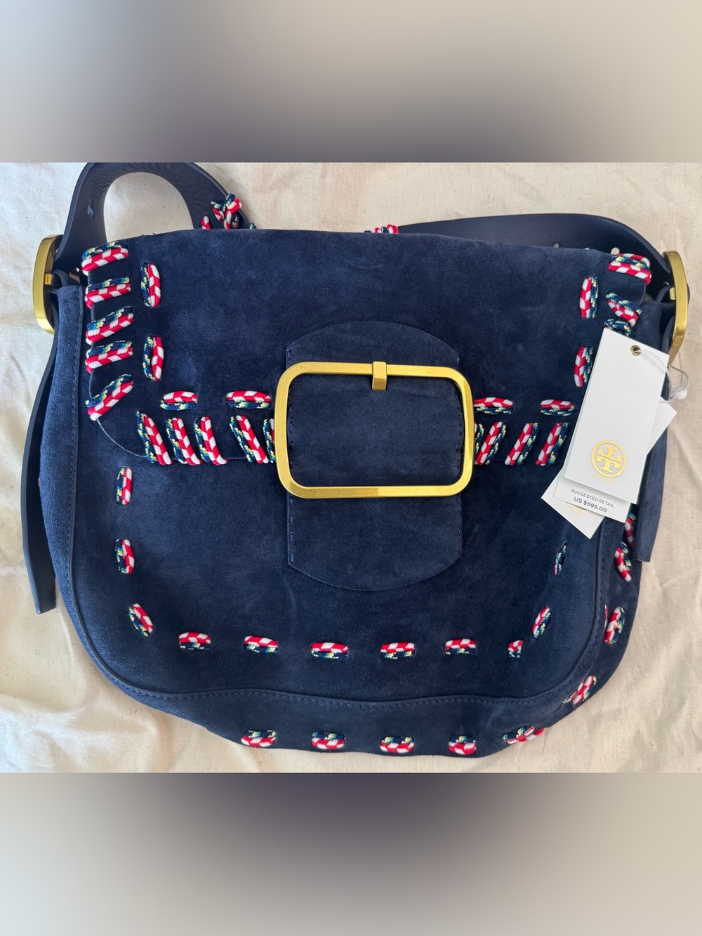 NWT Tory Burch Sawyer Stitch Nubuck Shoulder Bag Tory Navy